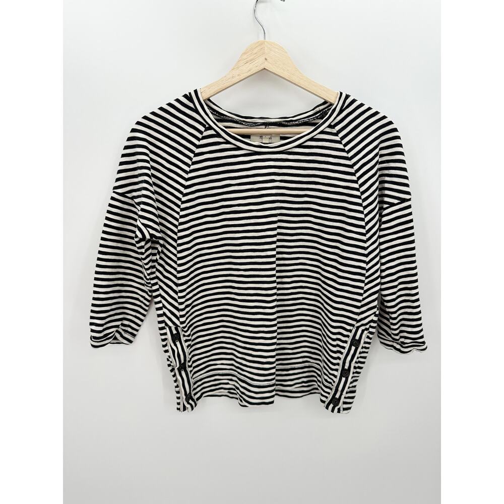 Madewell Black White Striped 3/4 Sleeve Side‎ Button Thick Cotton Top Womens XS